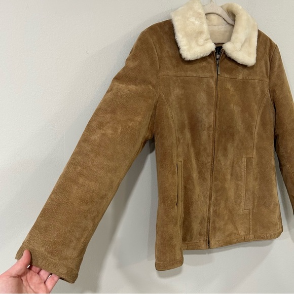 New York By Winlit Leather Tan Full Zip Coat Jacket Faux Fur Women’s Size Medium - Picture 3 of 8